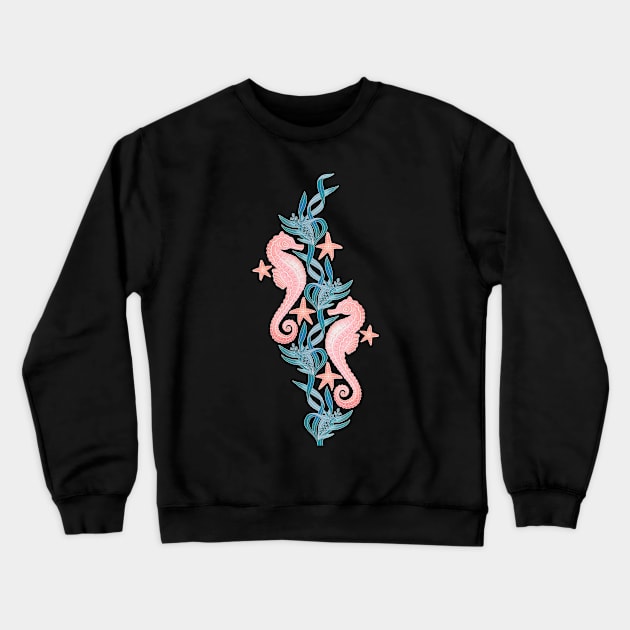 Pastel Pink Seahorse and Starfish with Blue Seaweed Crewneck Sweatshirt by micklyn